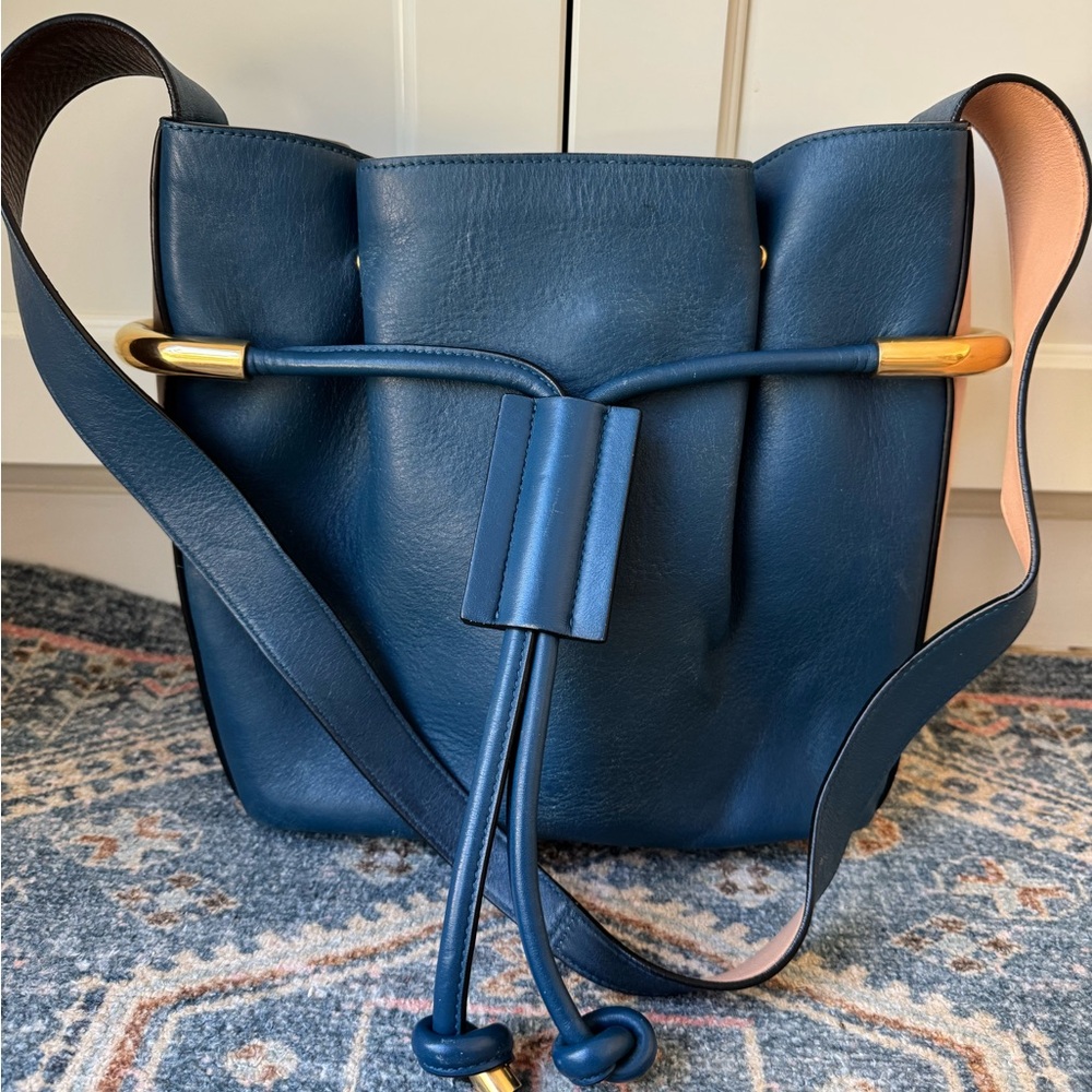 Chloe Emma blue color block leather medium bucket shoulder bag handbag purse